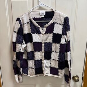 Vintage Christopher & Banks Purple and Cream Checkered Cardigan size L